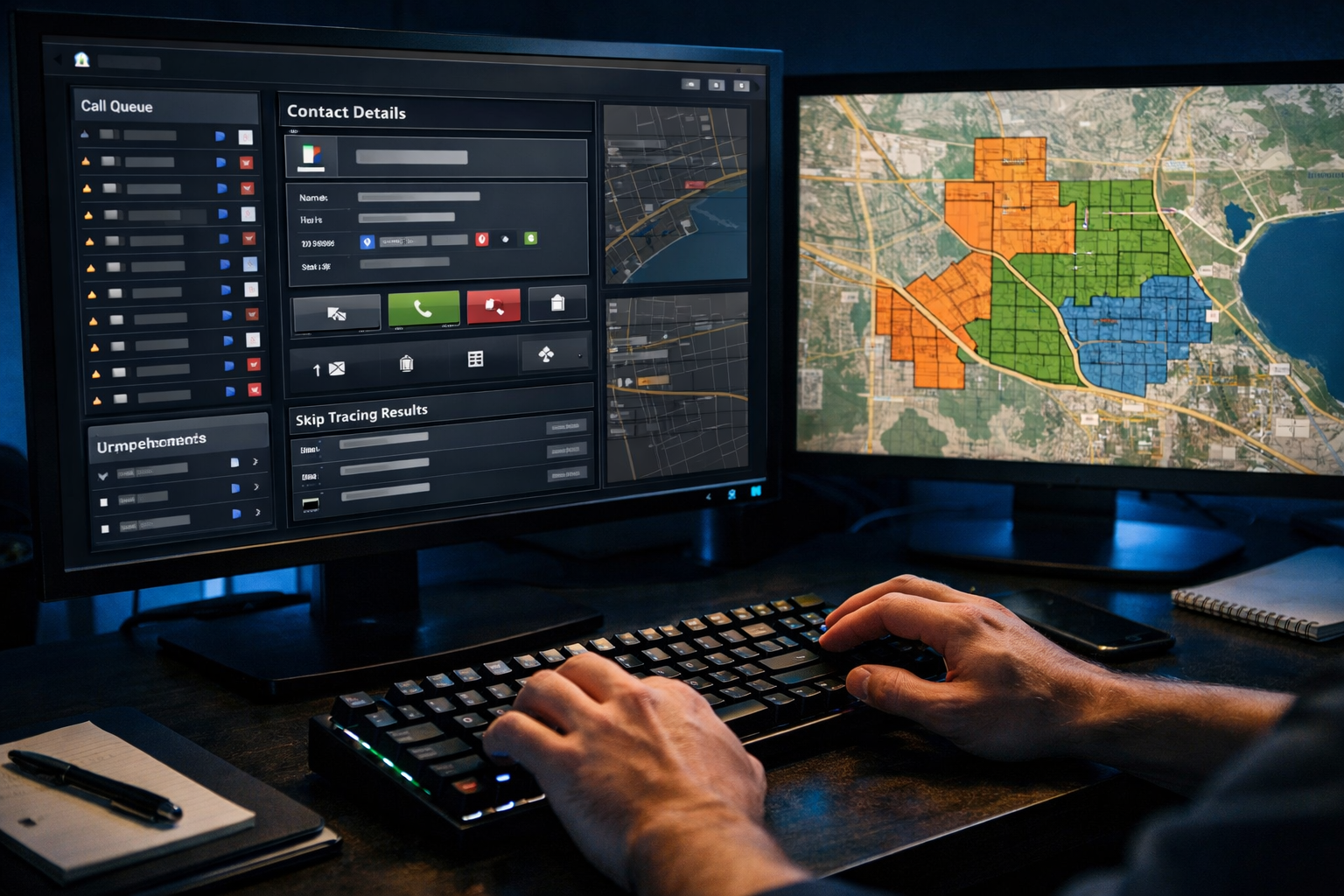 () showing a real estate prospecting scene with a close-up of hands on a mechanical keyboard next to a monitor displaying an