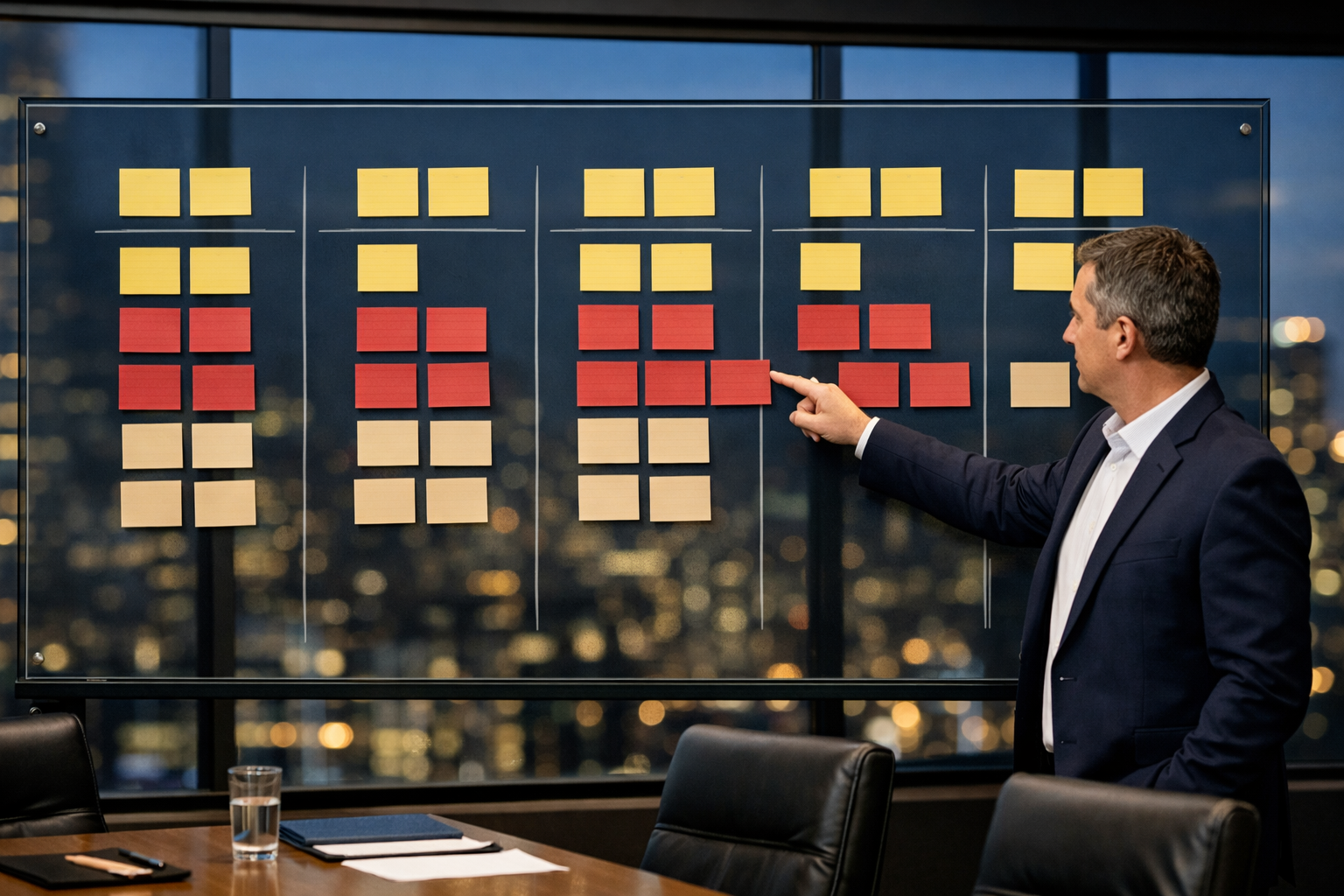 () showing a large comparison board or glass whiteboard in a modern conference room with sticky notes arranged in columns
