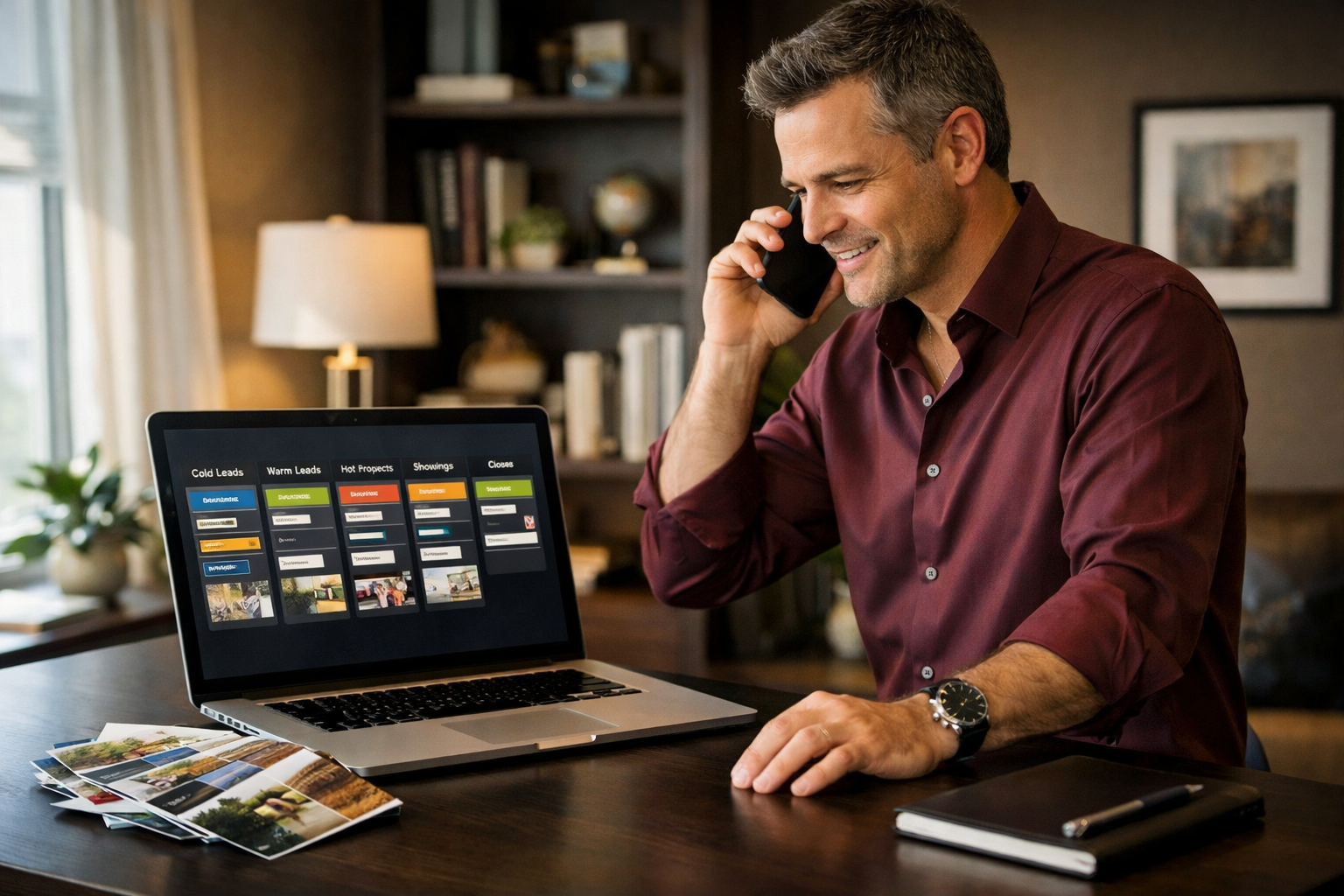 () showing a real estate agent on a phone call at a standing desk with a direct mail stack of postcards fanned out beside