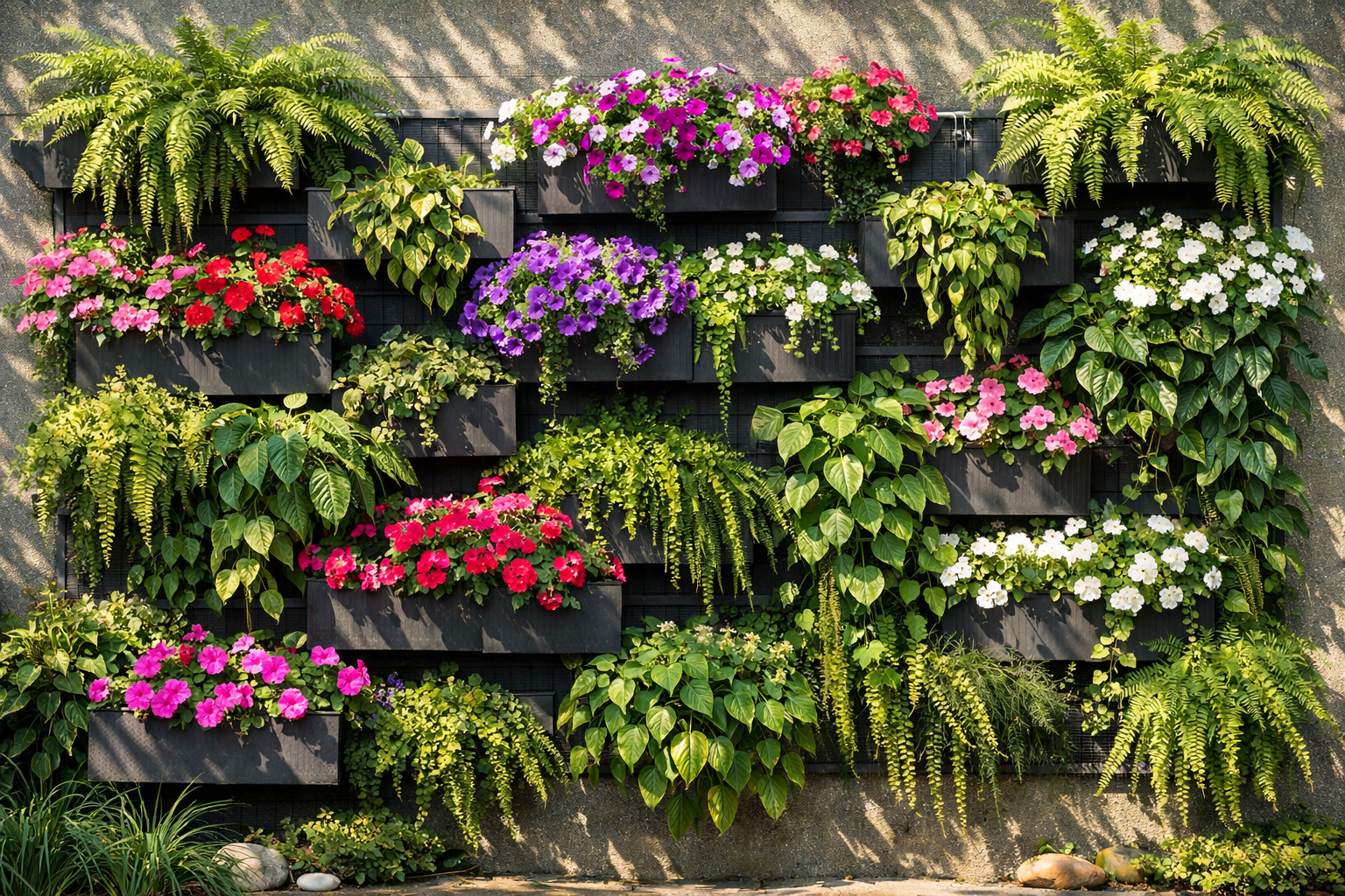A visually striking () image showcasing a residential outdoor wall transformed into a beautiful vertical garden with