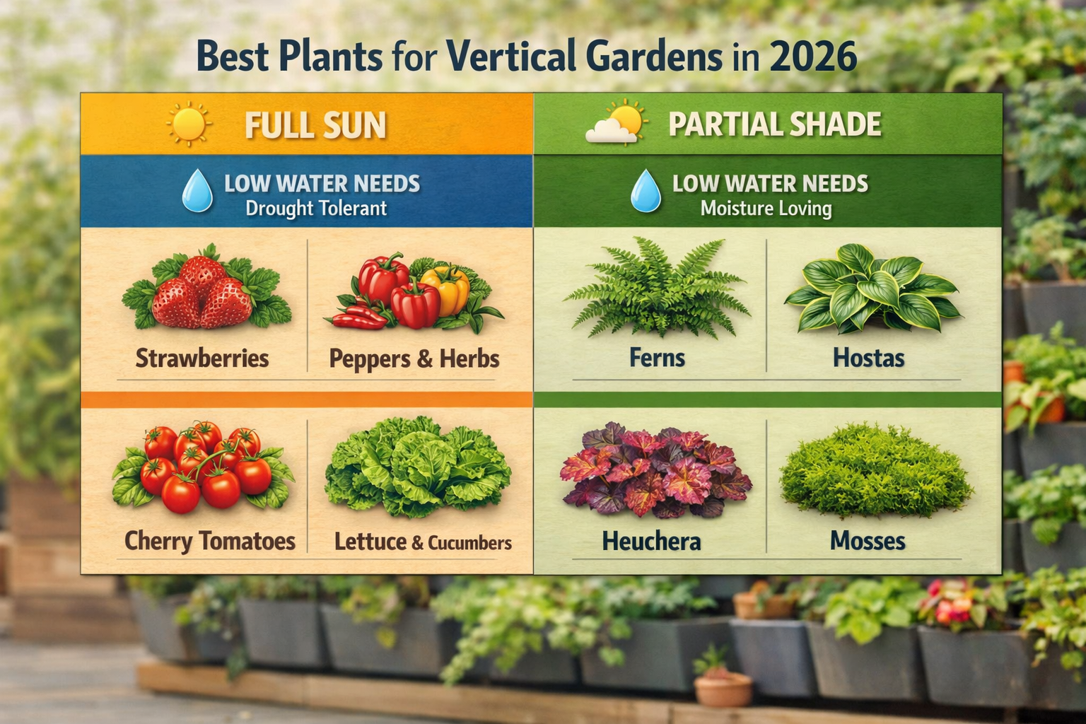 An informative () image displaying a comparison chart or infographic on ideal plant choices for vertical gardens based on