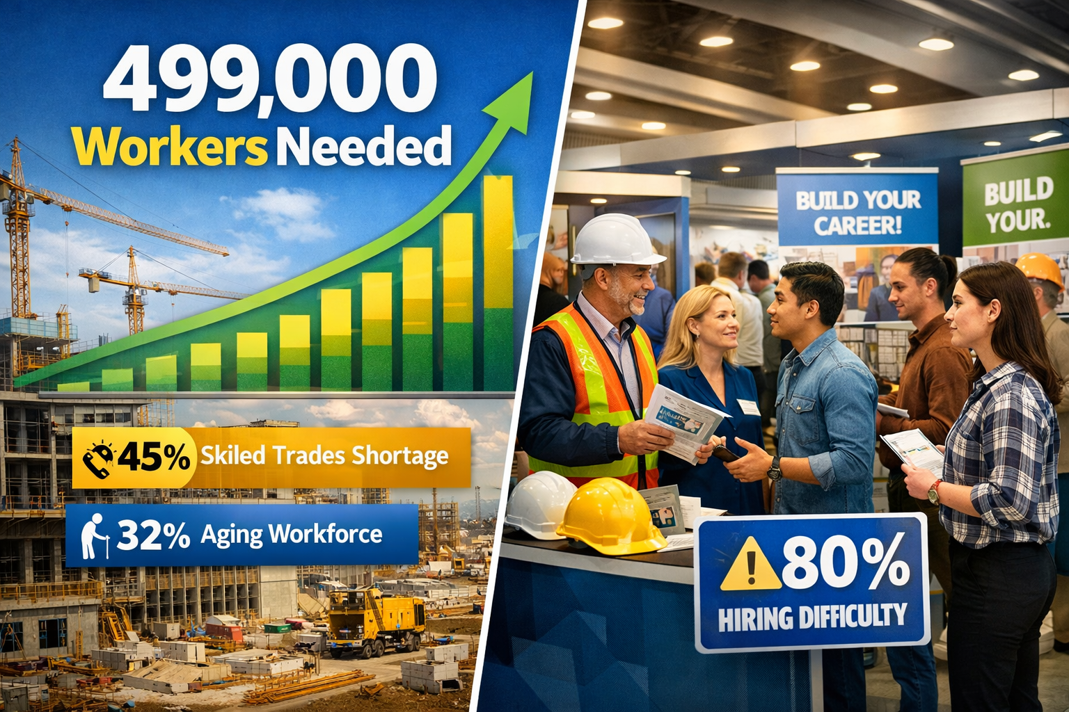 () editorial image showing split-screen composition: left side displays upward trending graph with '499,000 Workers Needed'