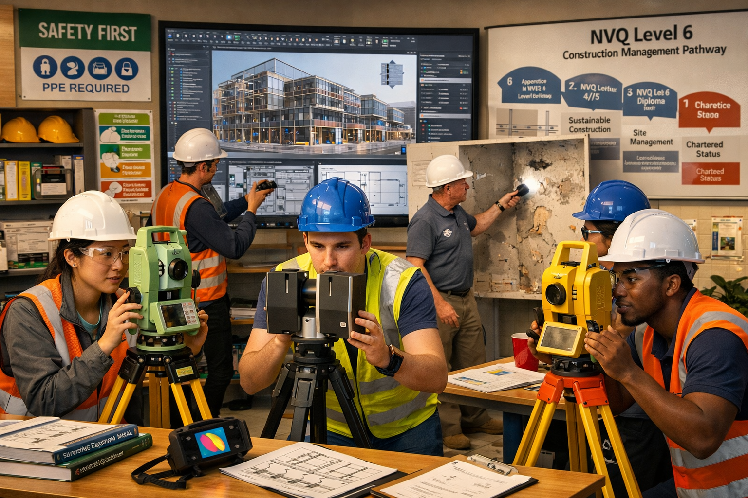 () detailed training and education scene showing modern construction college classroom with Building Information Modeling