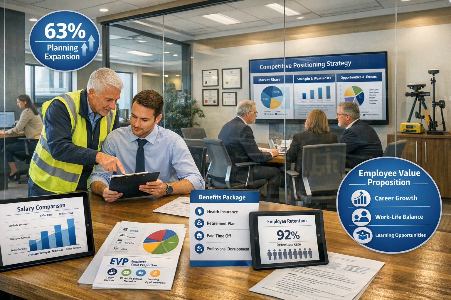() corporate strategy visualization showing modern surveying firm office environment with glass conference room where senior
