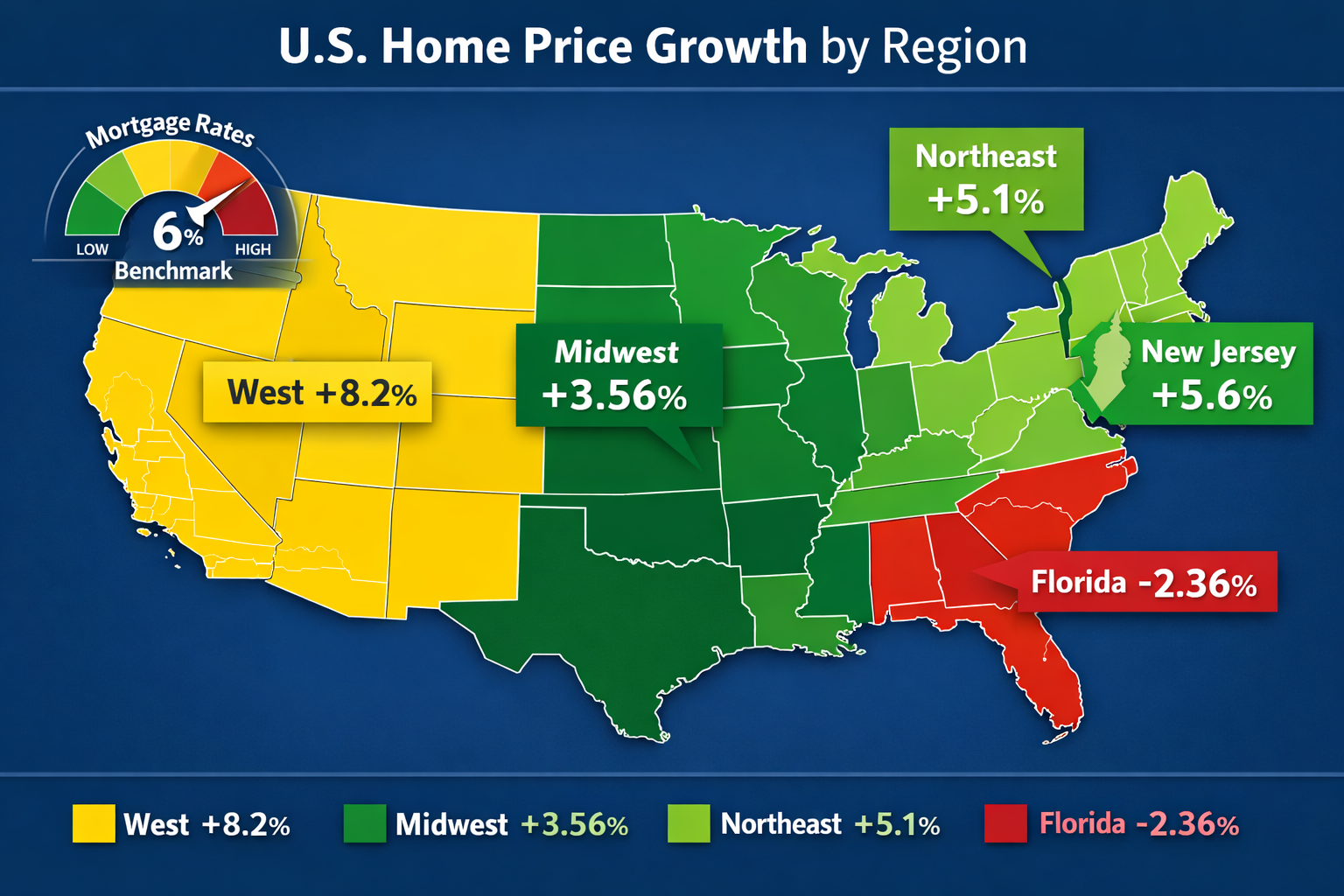 Landscape format (1536x1024) regional heat map of United States showing home price growth by region with color gradients: Midwest states in 