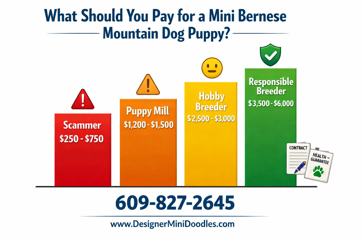 Detailed () creative price comparison bar graph infographic with title 'What Should You Pay for a Mini Bernese Mountain Dog