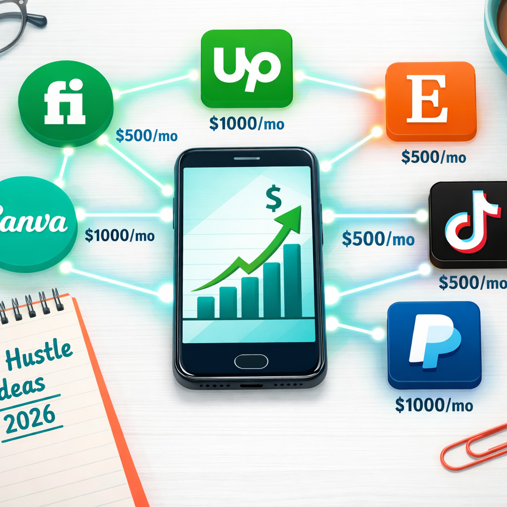 Detailed () editorial illustration showing a flat-lay overhead shot of a smartphone surrounded by floating app icons: