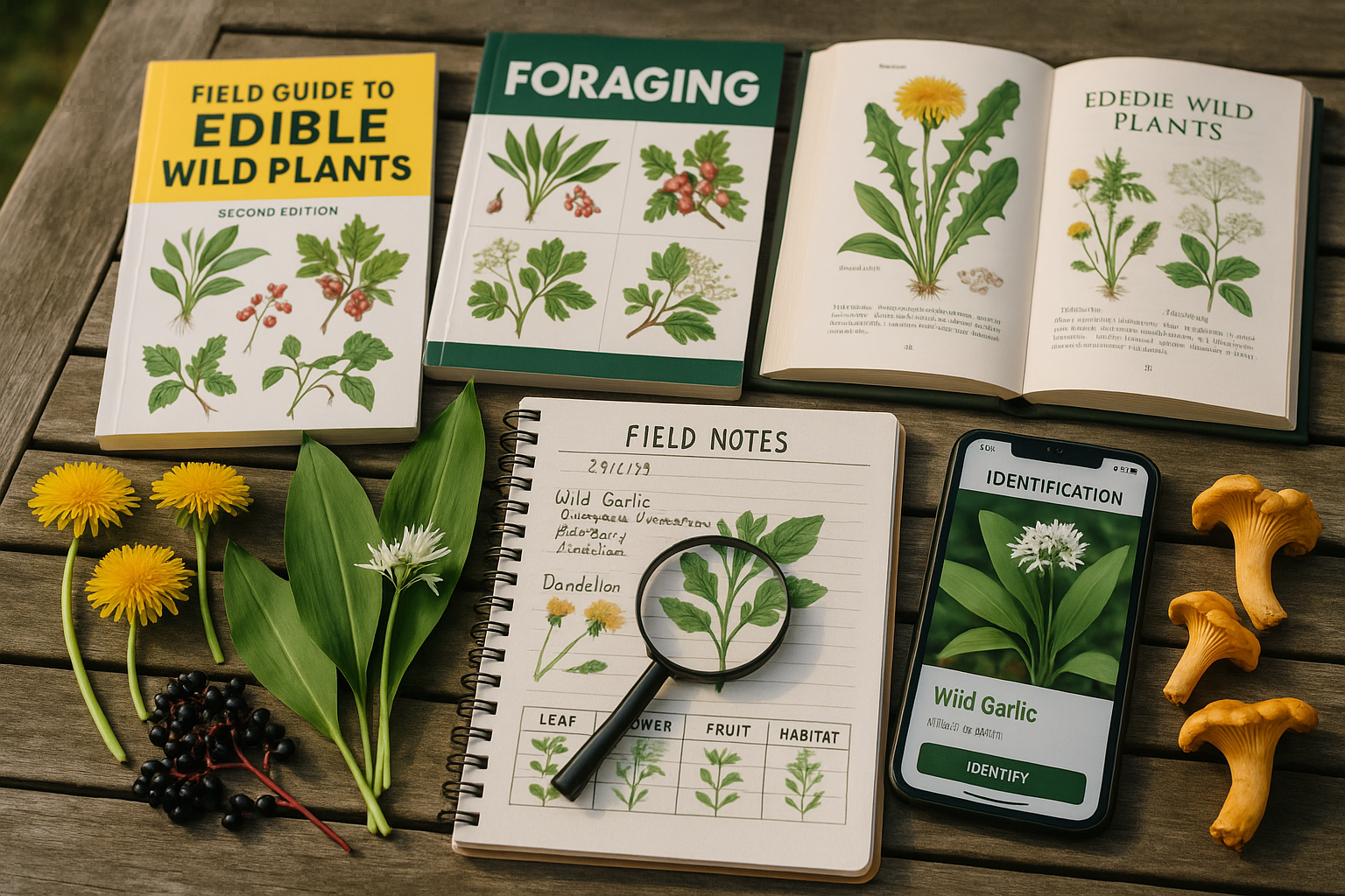 Detailed landscape image (1536x1024) showing comprehensive wild food identification guide layout with multiple field guides, botanical refer