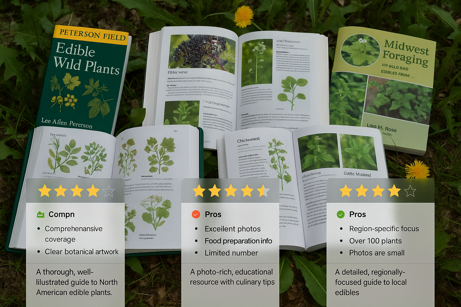 Landscape image (1536x1024) featuring split comparison layout of popular foraging guidebooks including Peterson Field Guide, Edible Wild Pla