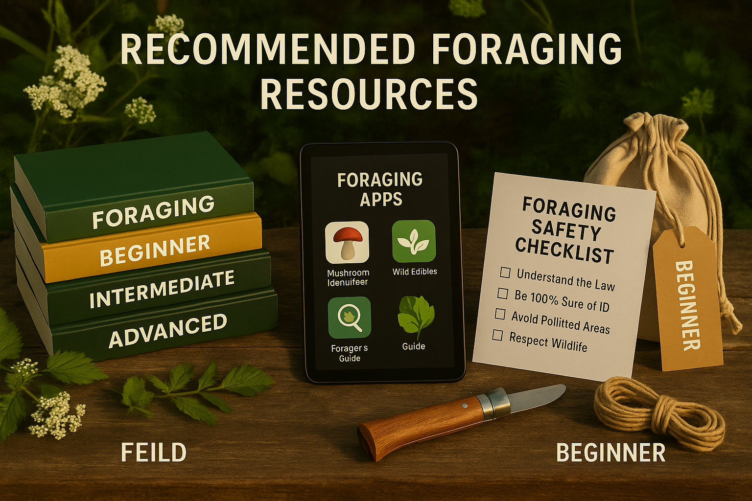 Landscape image (1536x1024) displaying organized collection of recommended foraging resources - stack of top-rated field guides, tablet show