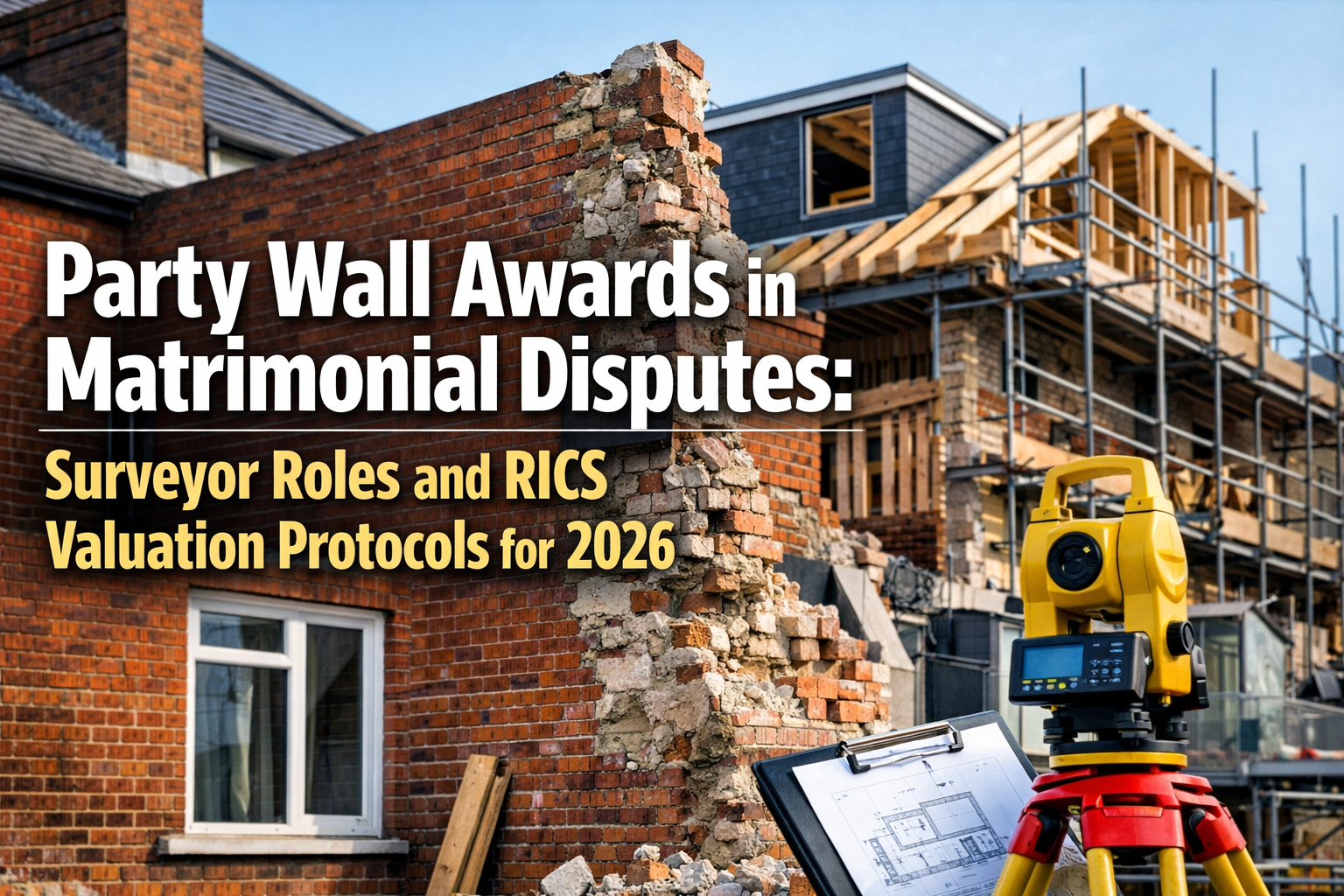 Professional landscape hero image () with : "Party Wall Awards in Matrimonial Disputes: Surveyor Roles and RICS Valuation