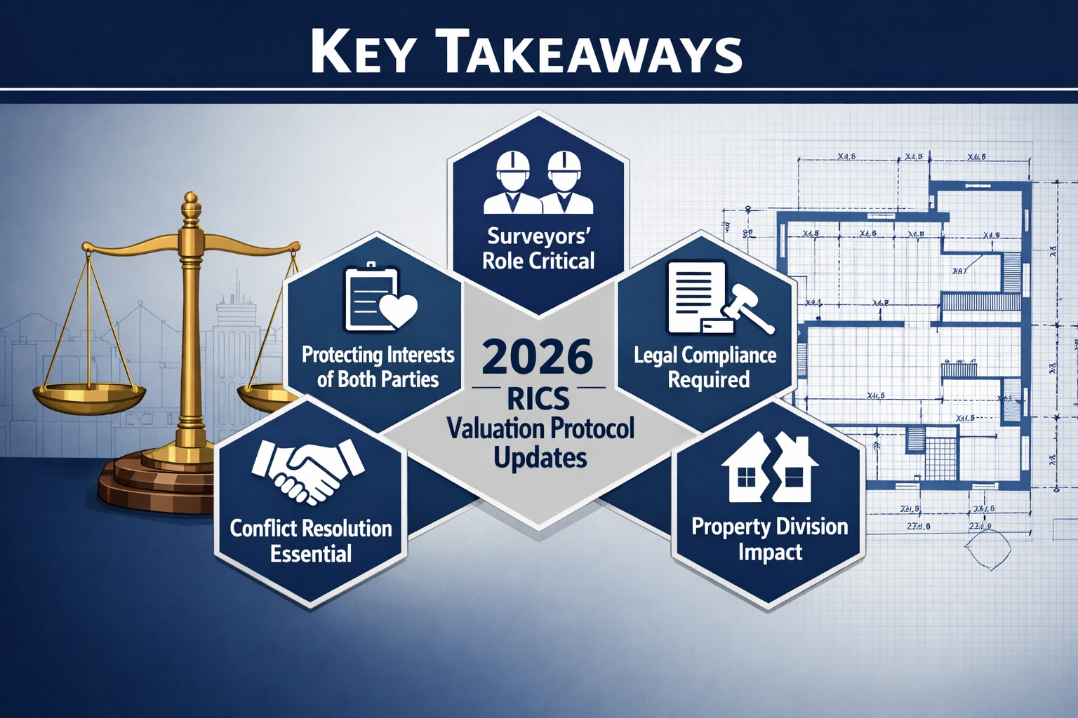 Key Takeaways section infographic: Split-screen design with legal scales on left, property survey blueprint on right.