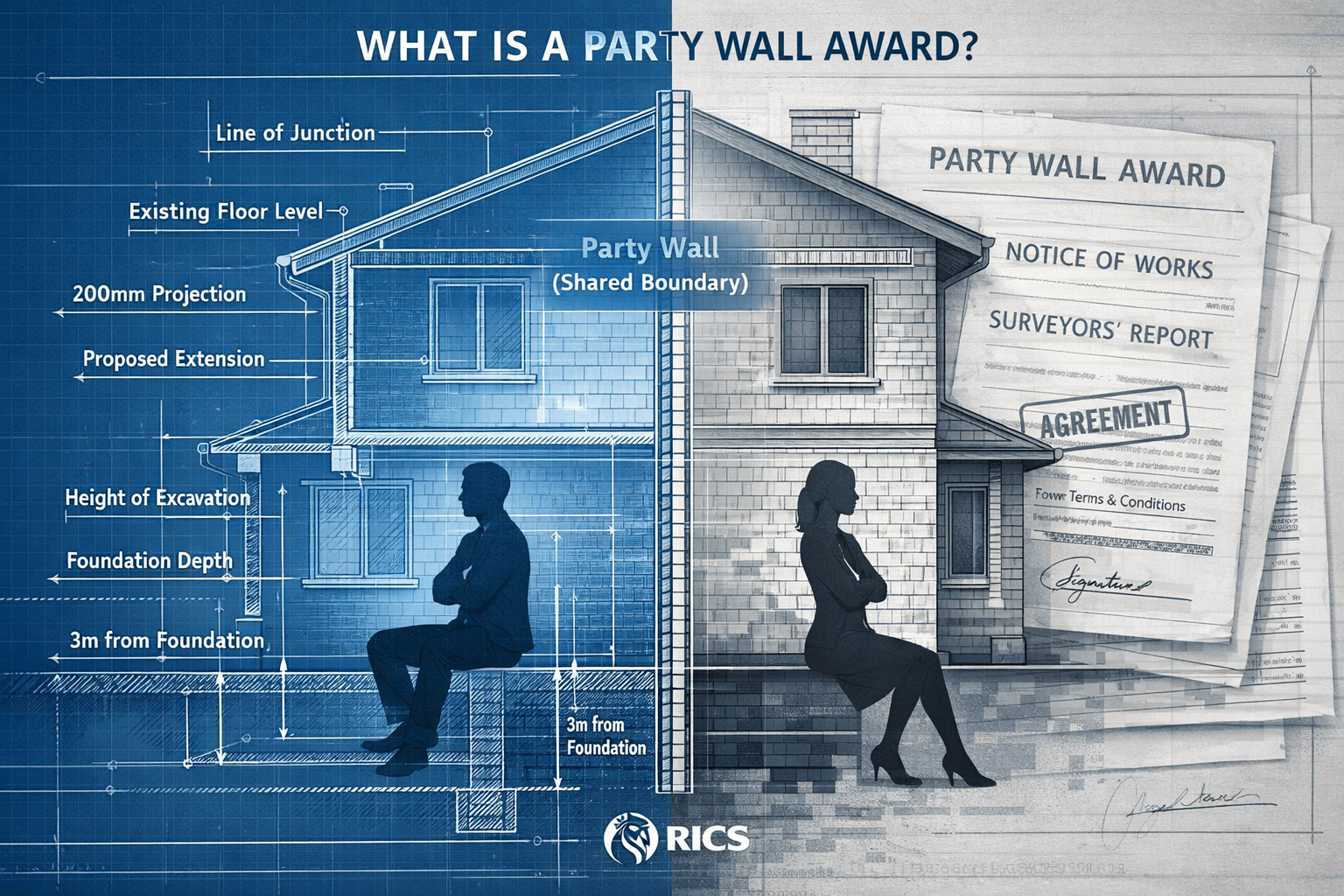 Conceptual illustration for 'What Is a Party Wall Award' section: Split property visualization showing two adjacent