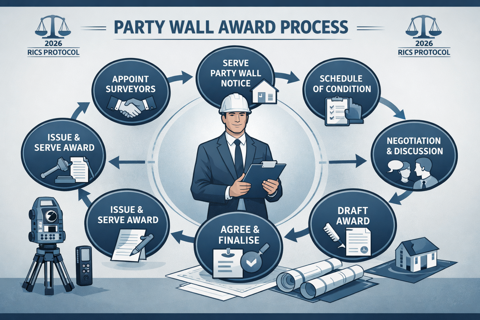 Surveyor Roles visualization: Professional workflow diagram showing step-by-step process of Party Wall Award assessment.