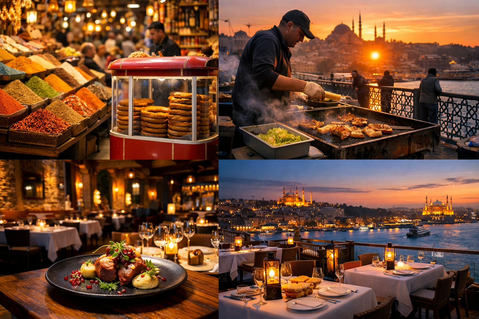 Detailed () editorial collage image representing the full spectrum of Istanbul dining. Top row: a bustling Kapalı&ccedil;arşı spice