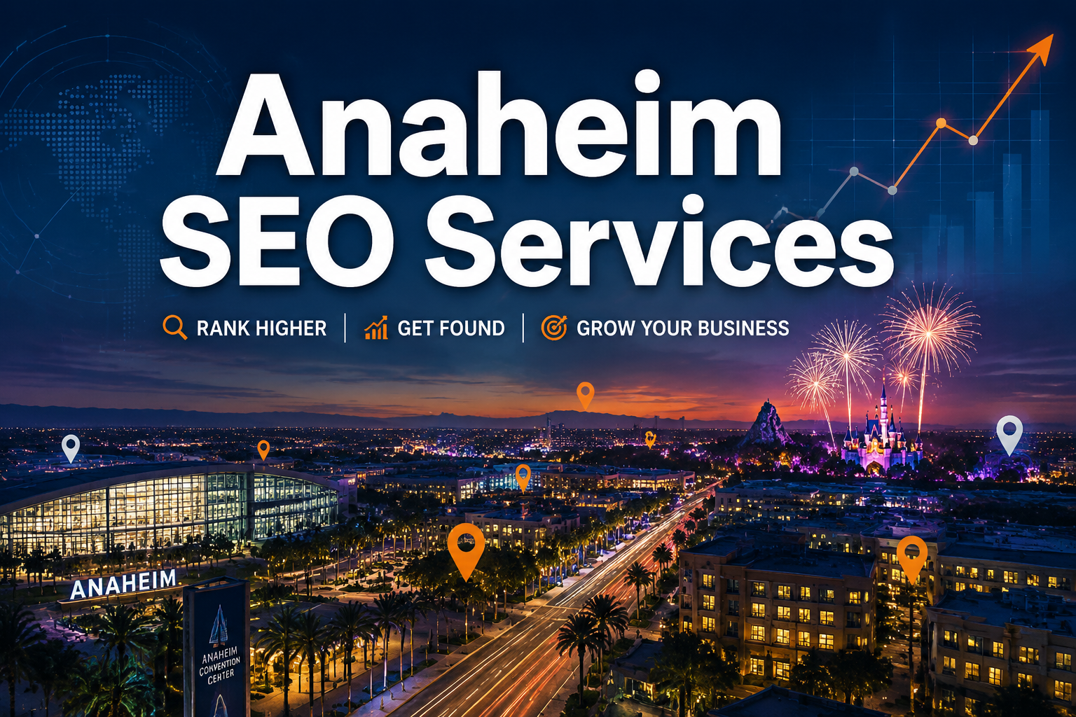 Professional () hero image with : 'Anaheim SEO Services' in extra large white with deep effect, centered upper-third