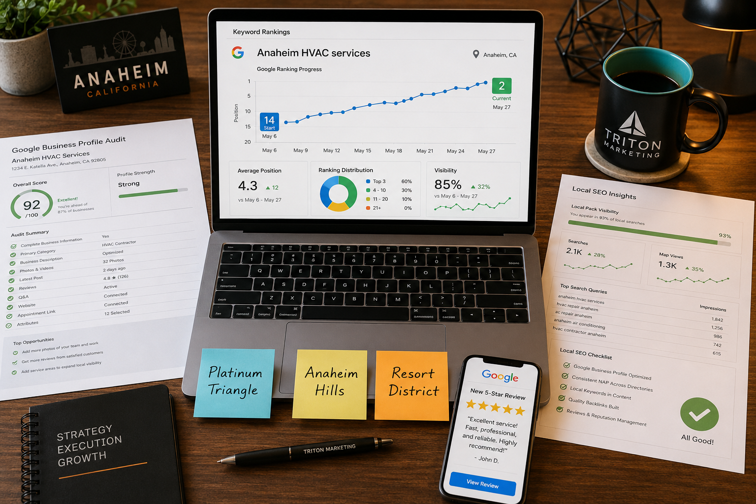 () data visualization scene showing an overhead flat-lay of a modern marketing agency desk in Anaheim with an open laptop