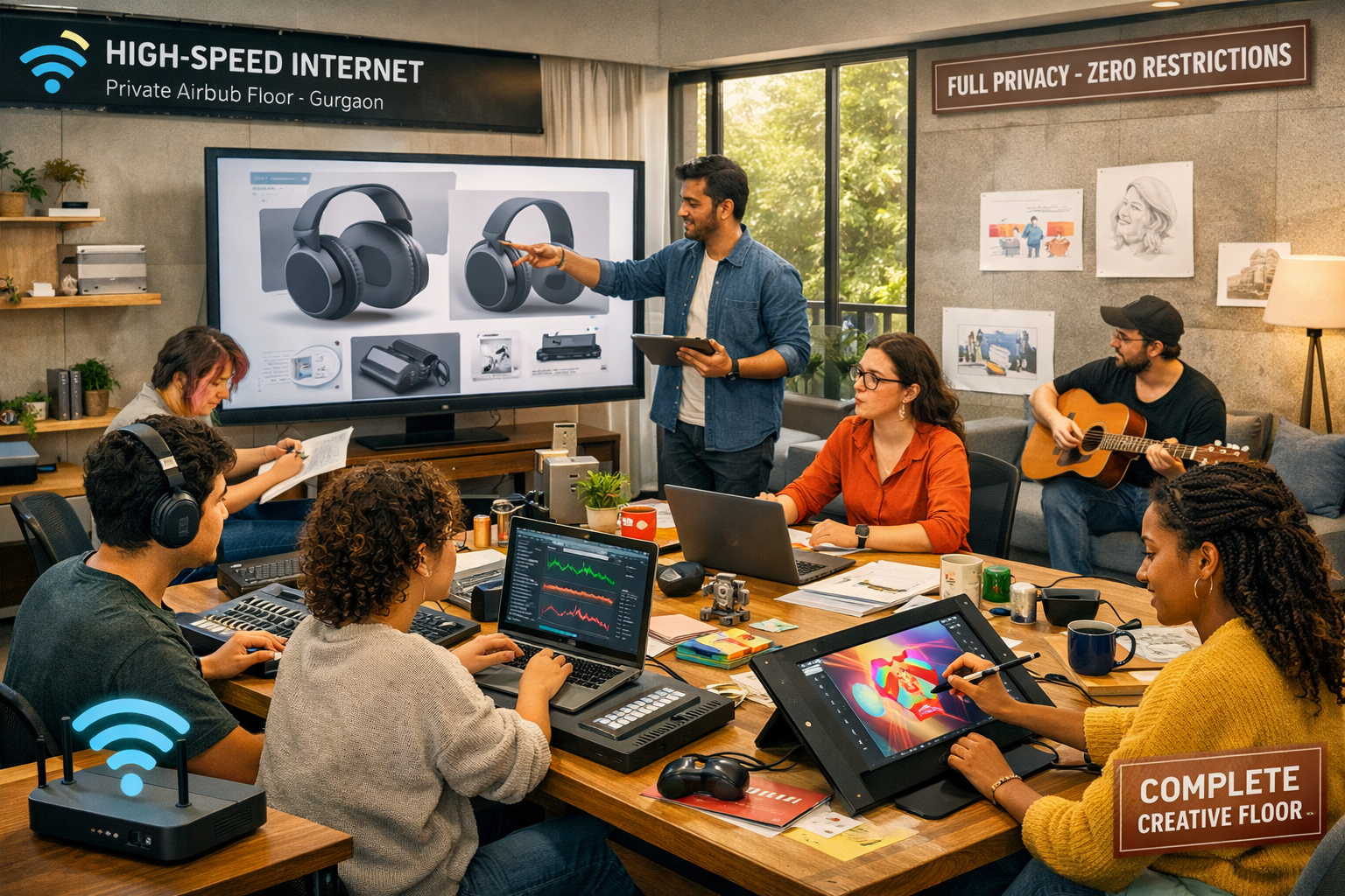 Detailed () image showcasing a high-speed internet setup within a private Airbnb workshop space near Golf Course Road,