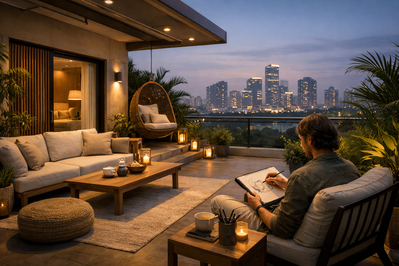 Detailed () image of a luxurious, fully automated Airbnb retreat space near Golf Course Road, Gurgaon, designed for peaceful