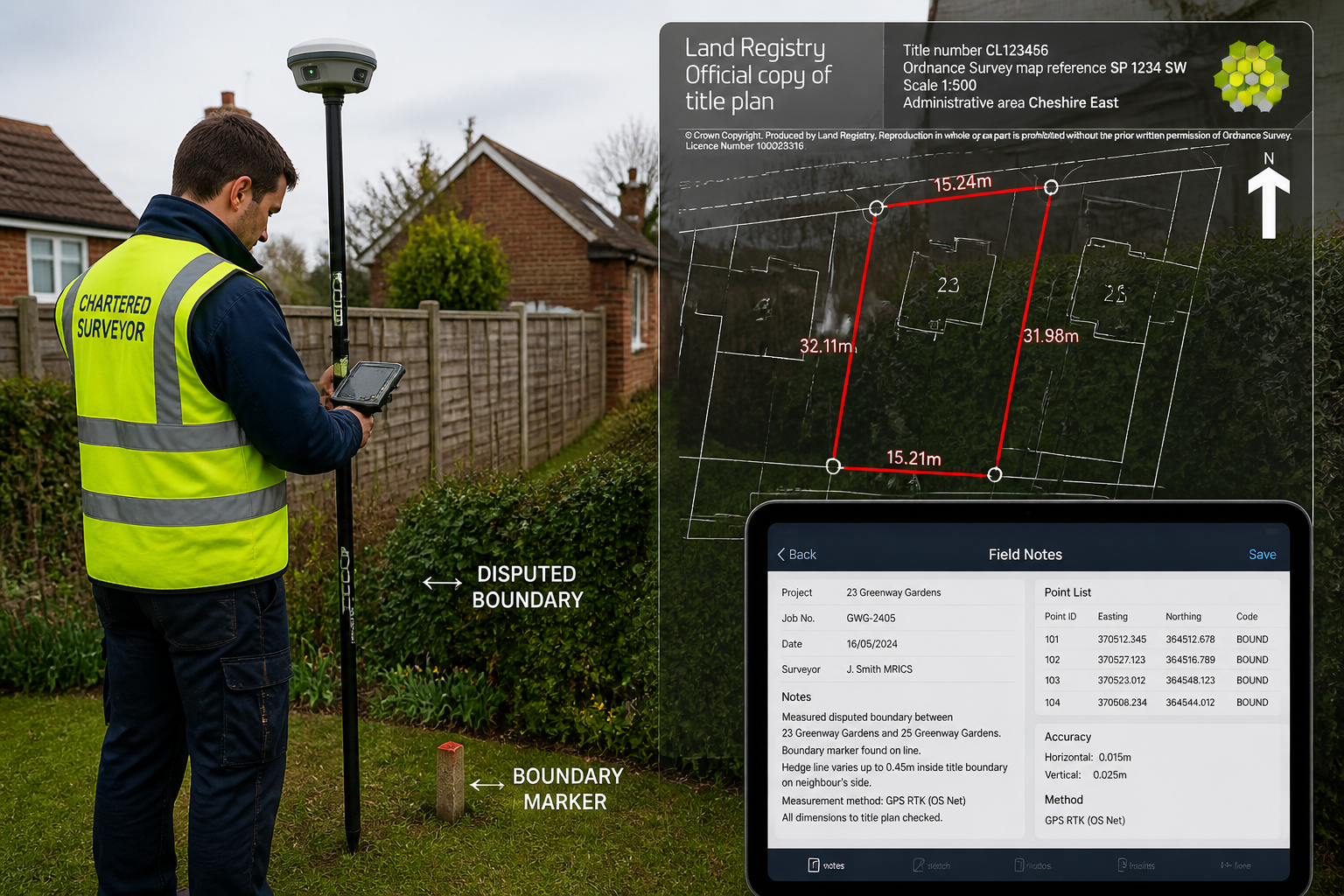 () detailed illustration showing a professional land surveyor in high-visibility vest operating a GPS RTK rover pole at a
