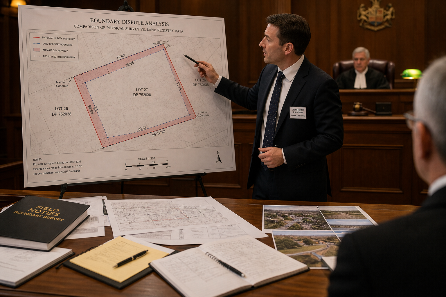 () courtroom-adjacent professional scene showing a chartered surveyor expert witness standing at a presentation board in a