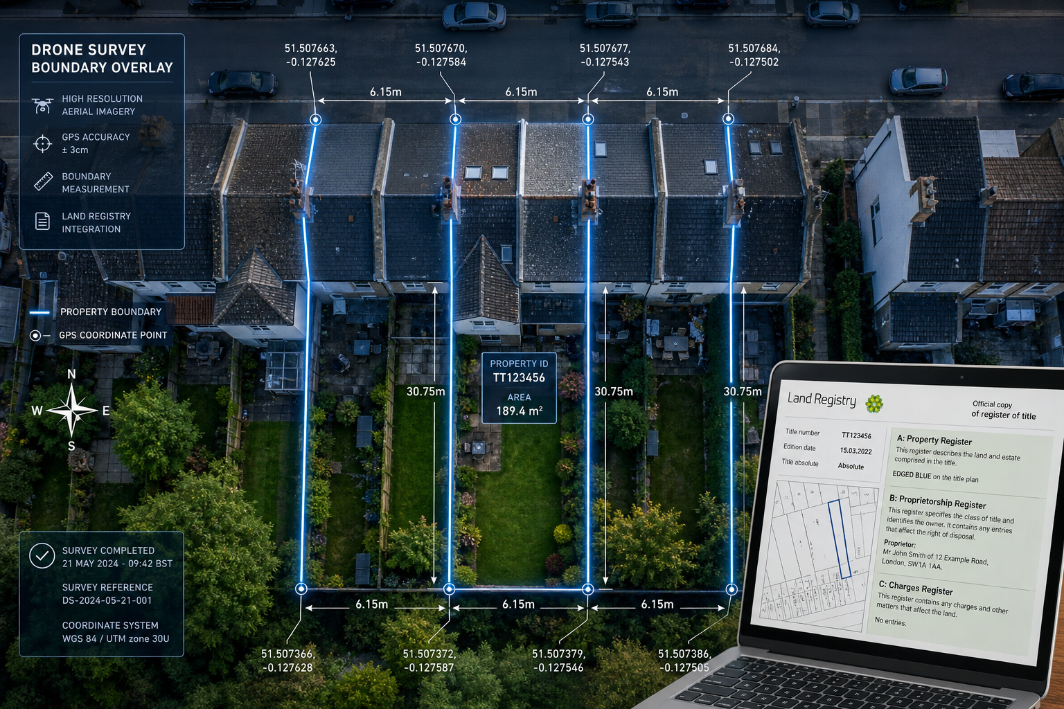 () top-down aerial drone perspective over a row of terraced English houses showing property boundary lines digitally
