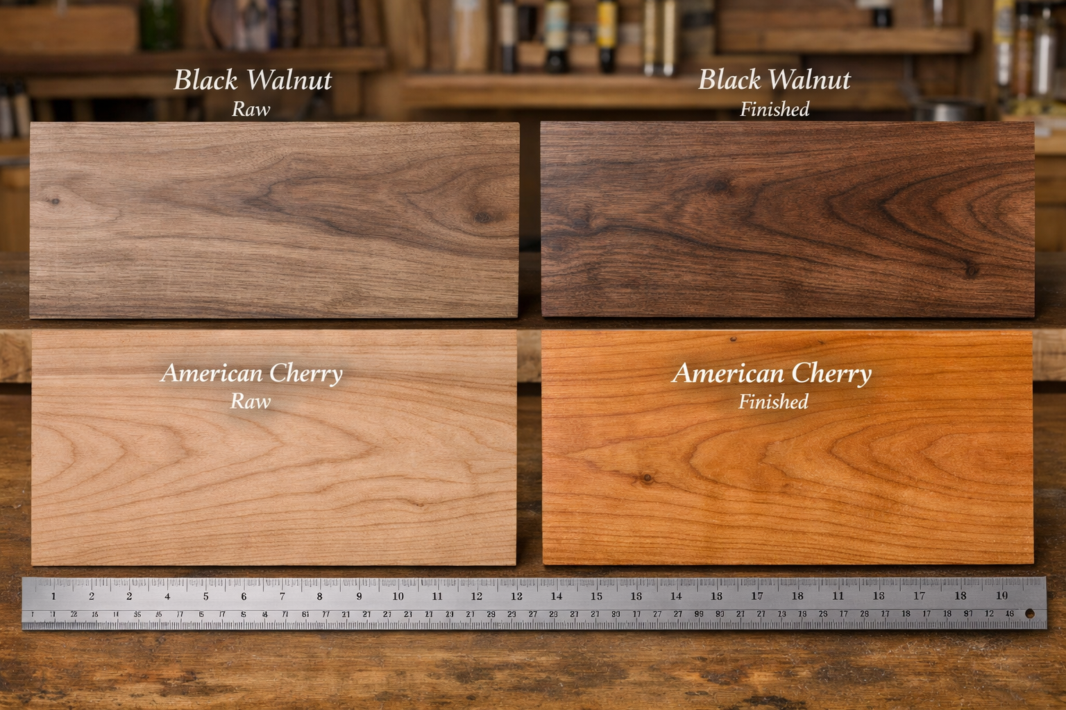 Landscape format (1536x1024) image featuring side-by-side comparisons of raw and finished samples of Black Walnut and American Cherry wood. 