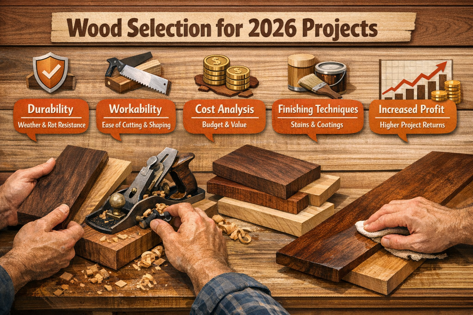 Landscape format (1536x1024) infographic-style image illustrating the key considerations for wood selection for 2026 projects, including dur