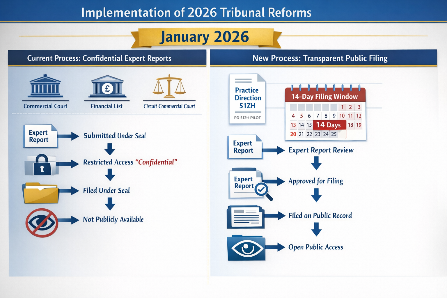 Landscape format (1536x1024) detailed infographic showing timeline of 2026 tribunal reforms implementation with January 2026 marked prominen