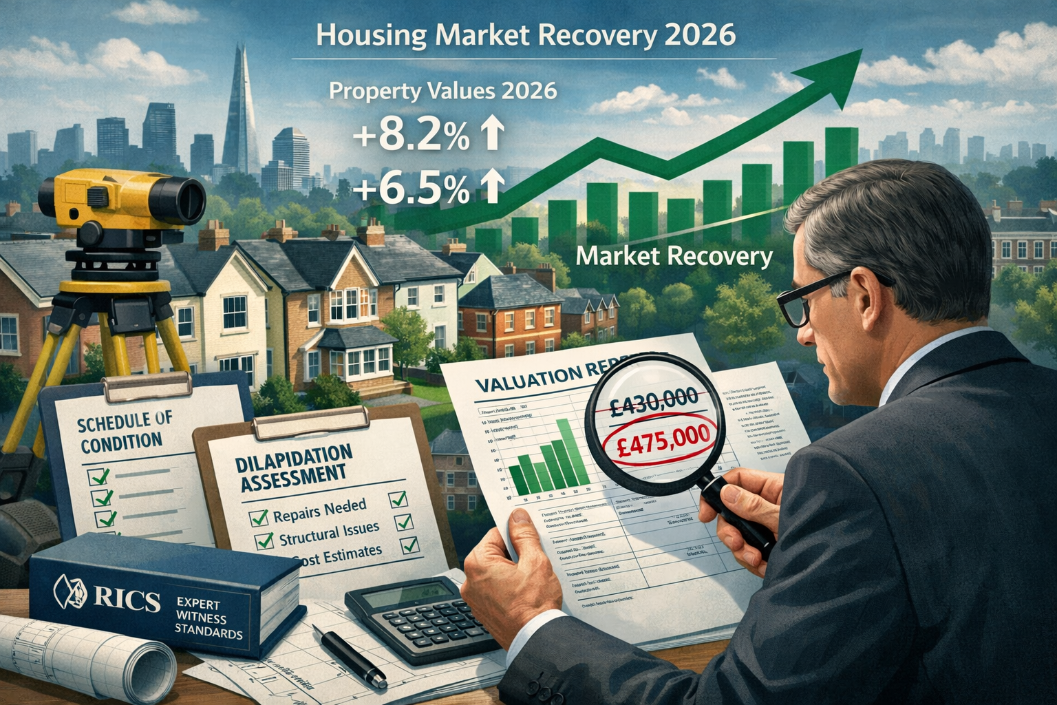 Landscape format (1536x1024) visualization of housing market recovery data for 2026 with upward trending property value graphs, residential