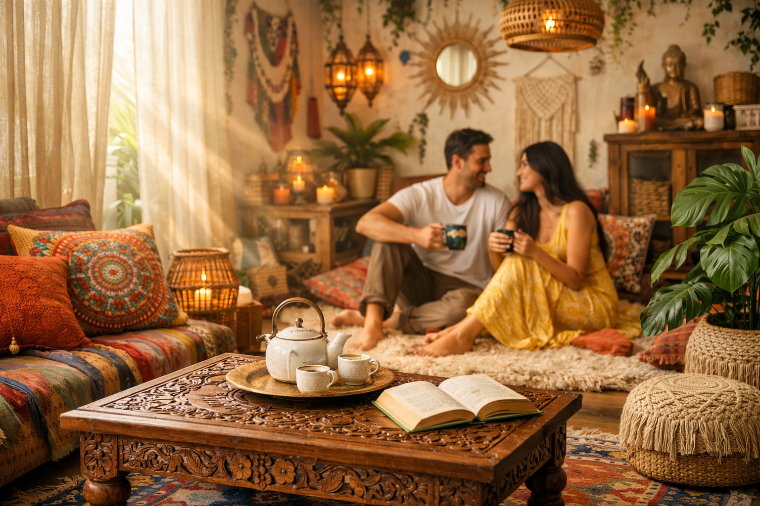 () image showcasing a 'Bohemian Haven' themed Airbnb in Gurgaon. The scene depicts a brightly lit living area adorned with