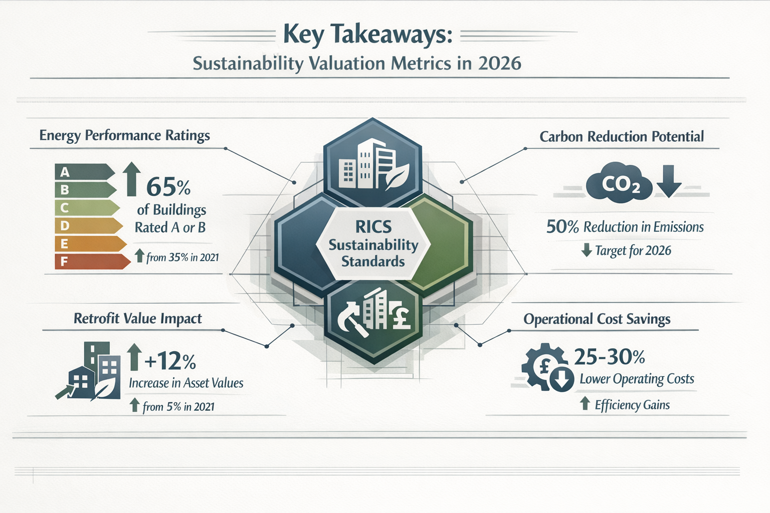 Infographic-style visualization for 'Key Takeaways' section depicting sustainability valuation metrics in 2026. Central