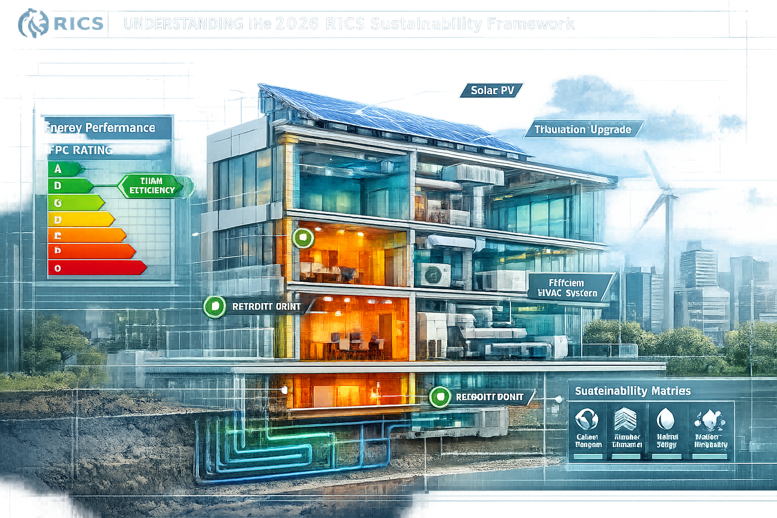 Technical architectural rendering illustrating 'Understanding the 2026 RICS Sustainability Framework' with cutaway view of a