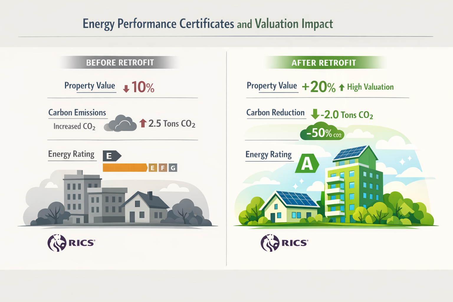 Comparative data visualization for 'Energy Performance Certificates and Valuation Impact' section. Split-screen graphic