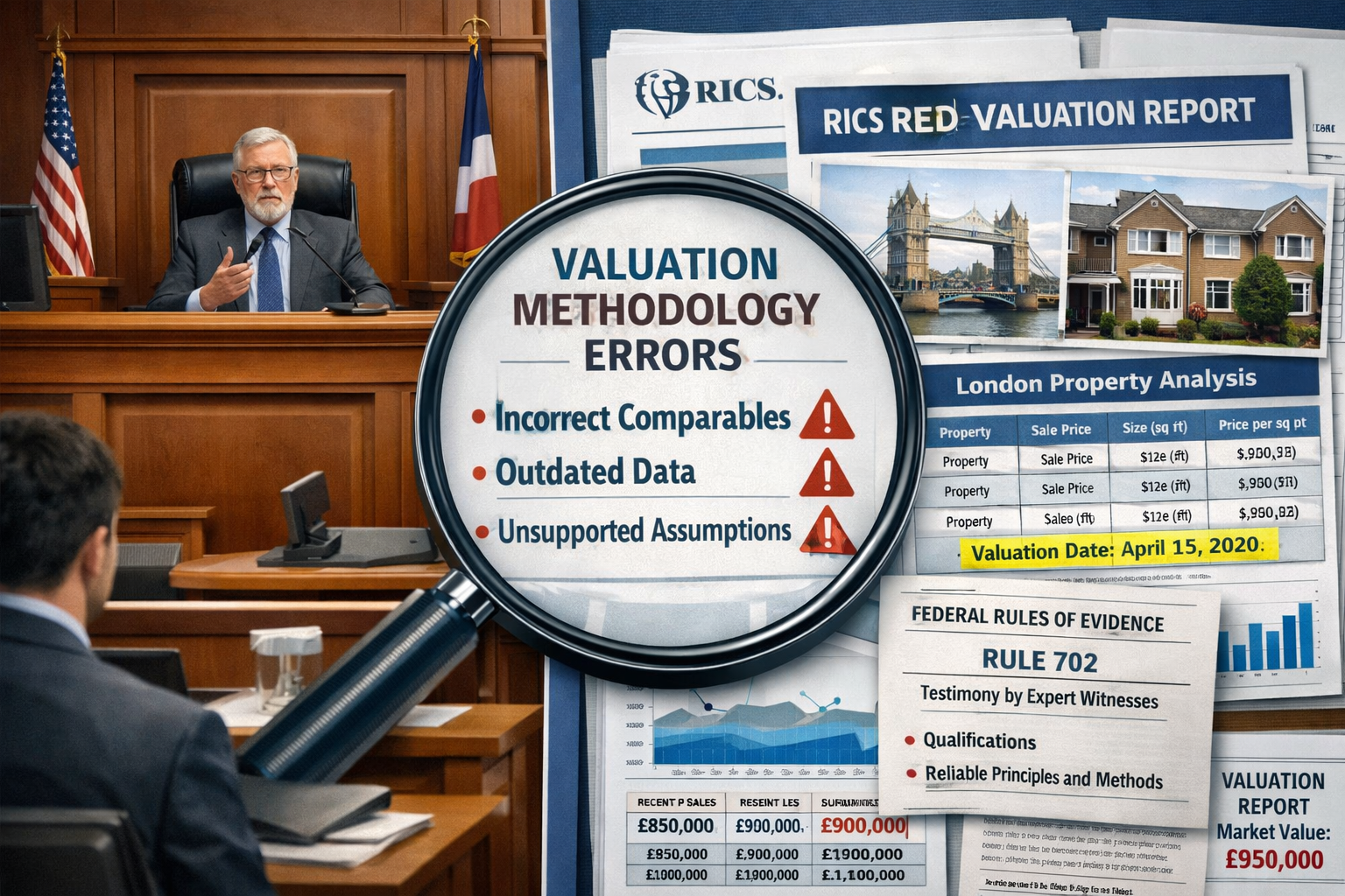 Detailed () image showing split-screen composition: left side displays courtroom interior with judge's bench and witness