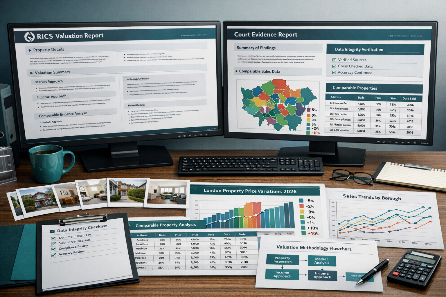 Detailed () image depicting modern surveyor's workspace with dual monitors displaying RICS-compliant valuation reports and