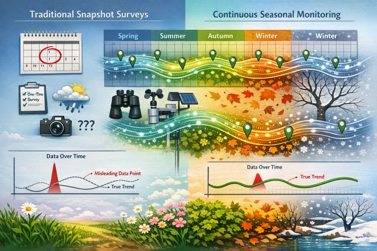 Landscape format (1536x1024) detailed infographic comparing traditional snapshot surveys versus continuous seasonal monitoring approaches. S