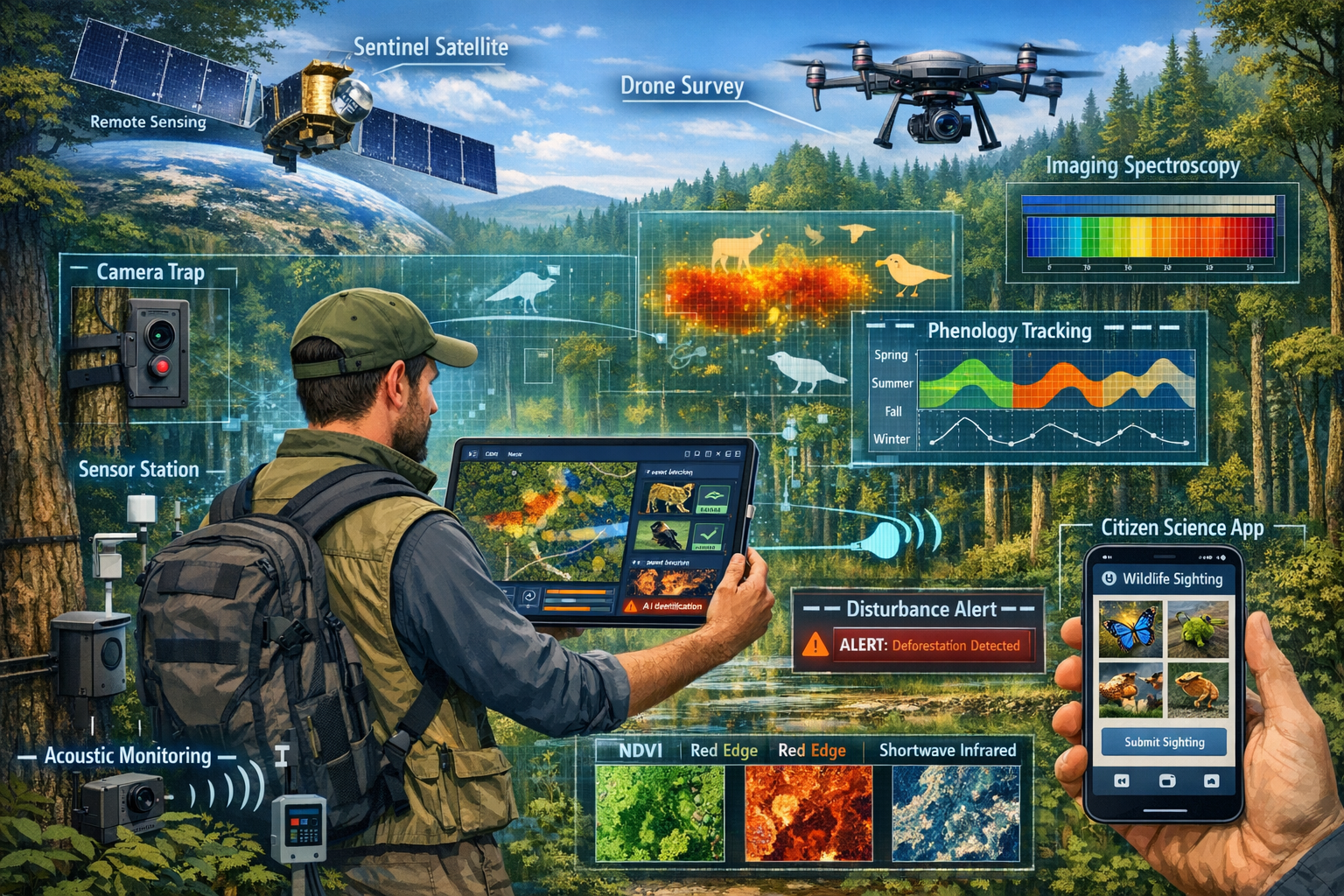 Landscape format (1536x1024) technical illustration showcasing modern biodiversity monitoring technologies and methodologies for 2026. Centr