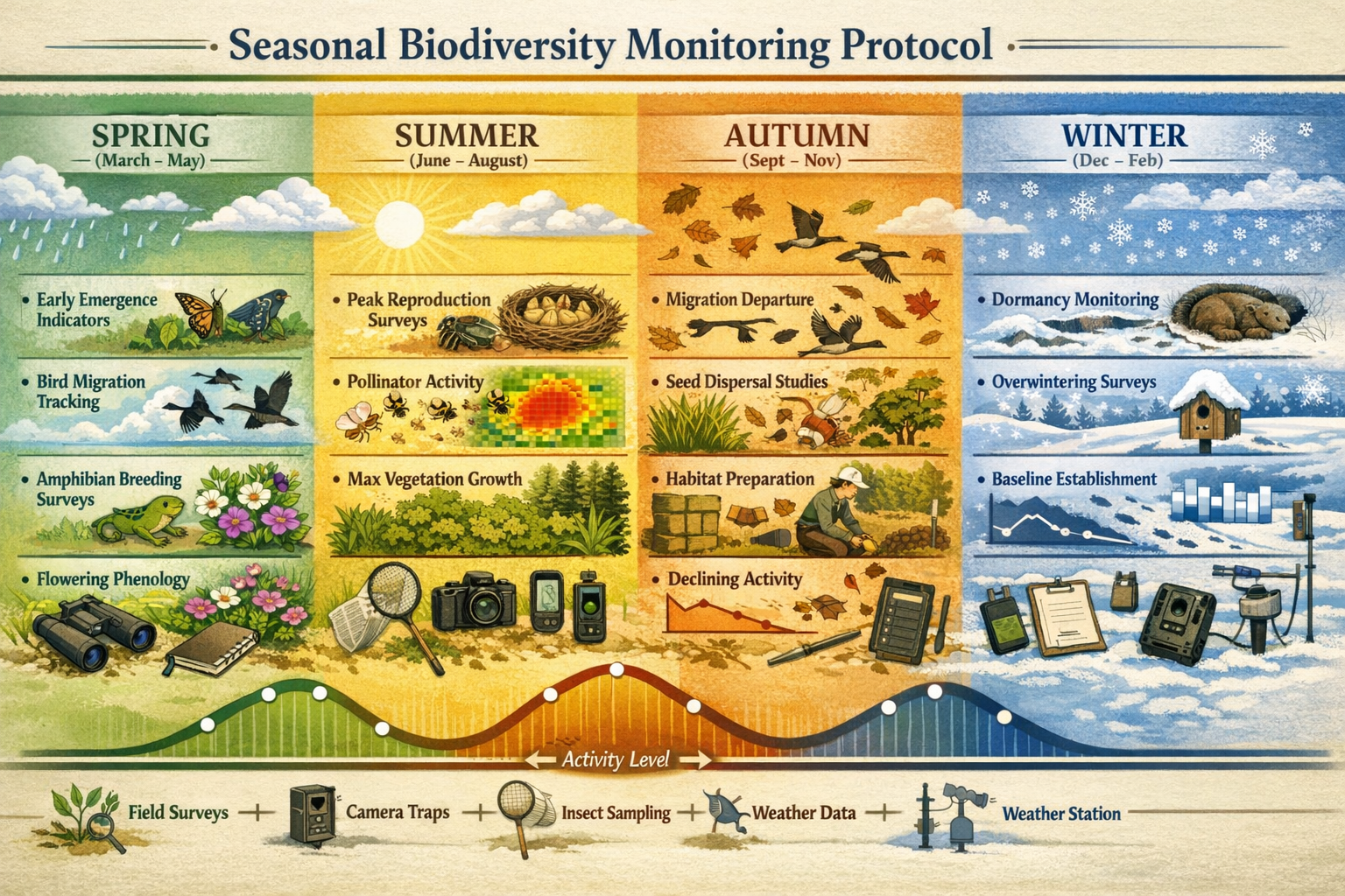 Landscape format (1536x1024) comprehensive visual guide showing seasonal biodiversity monitoring protocol timeline from early spring through