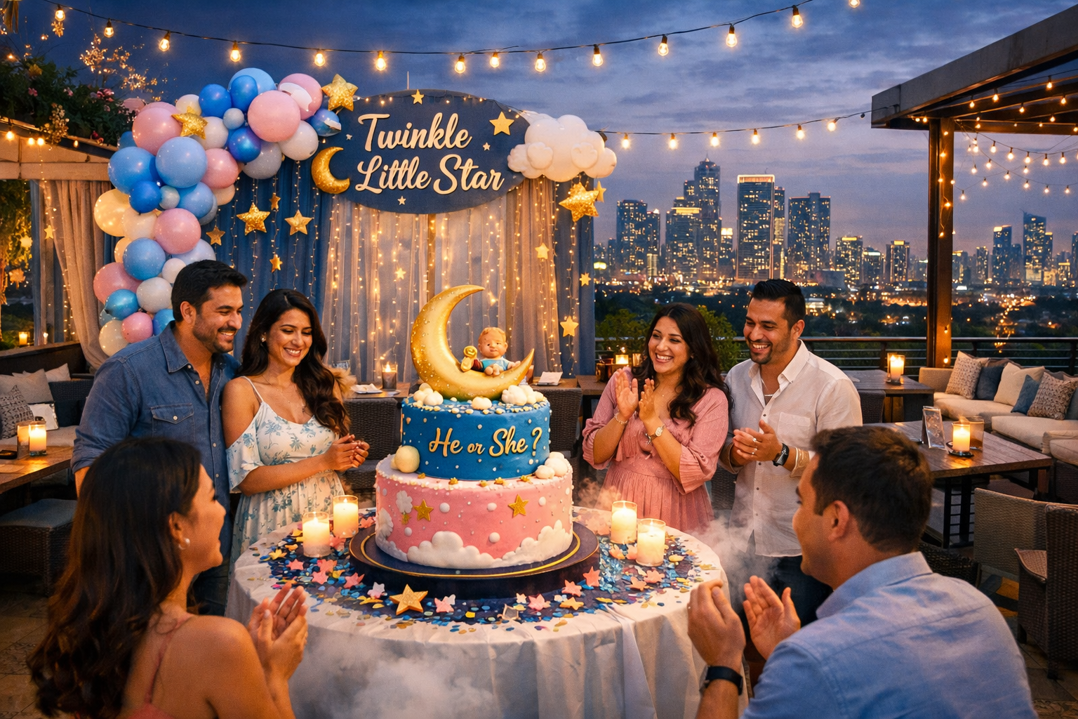 Detailed () image illustrating a vibrant 'Moon & Stars' themed gender reveal party taking place on a spacious,