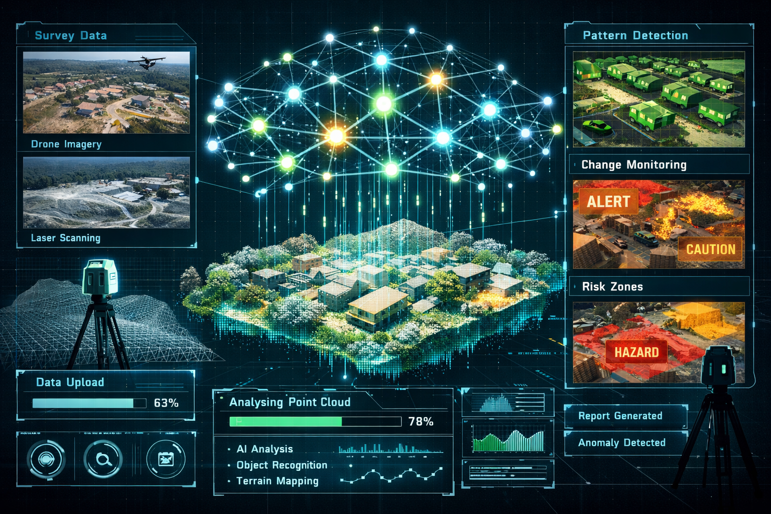 Landscape format (1536x1024) detailed illustration showing AI-powered data processing workflow for property surveying. Central focus on mass