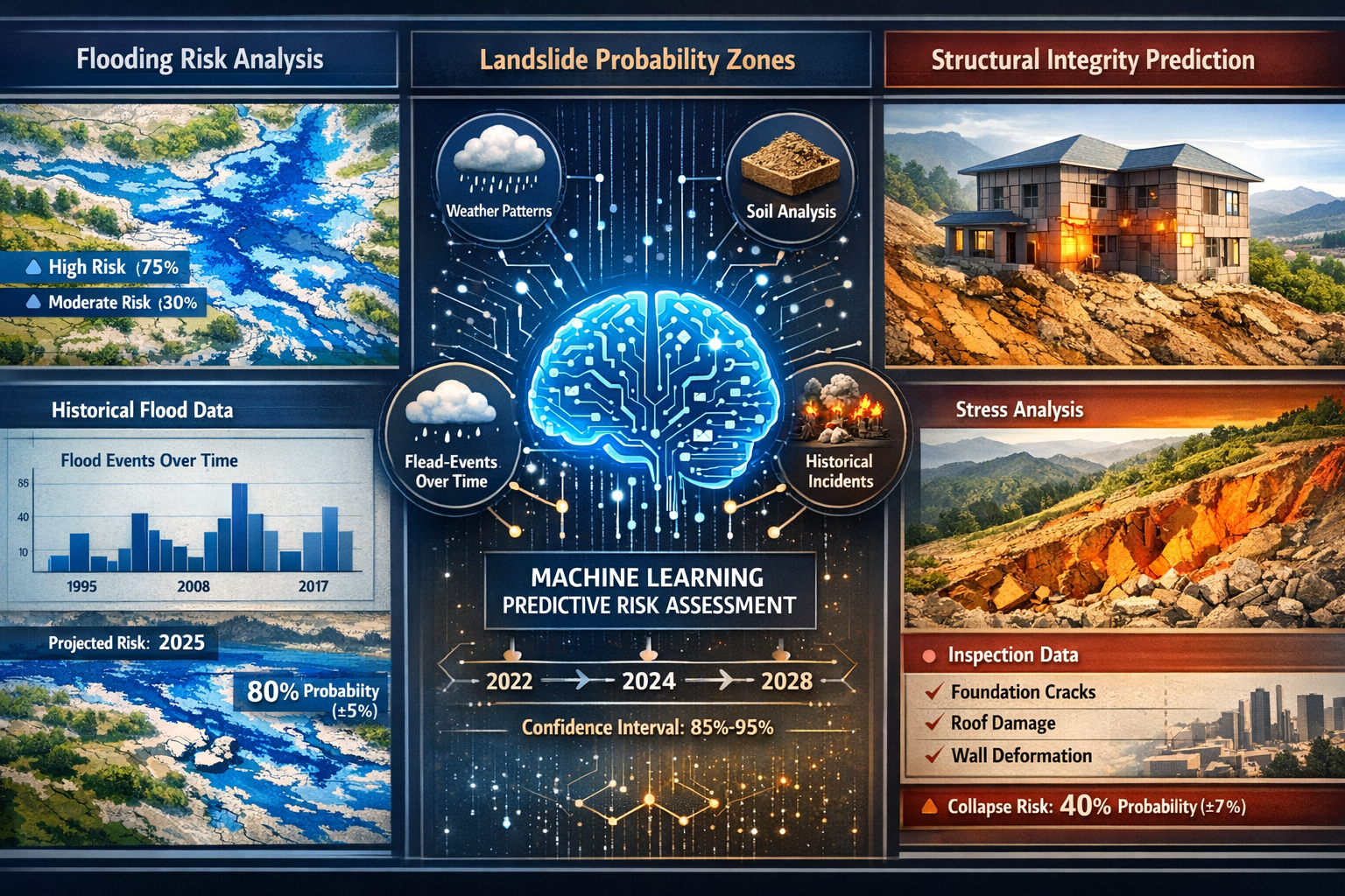 Landscape format (1536x1024) comprehensive infographic showing predictive risk assessment for property surveying using machine learning. Spl
