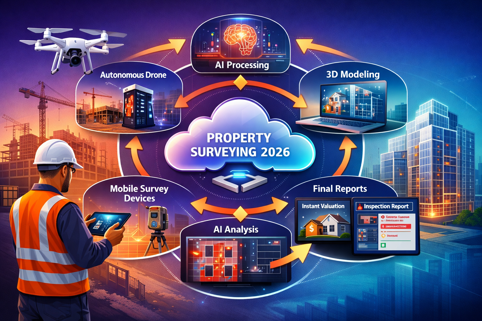 Landscape format (1536x1024) modern illustration depicting integrated digital workflow ecosystem for property surveying in 2026. Central hub