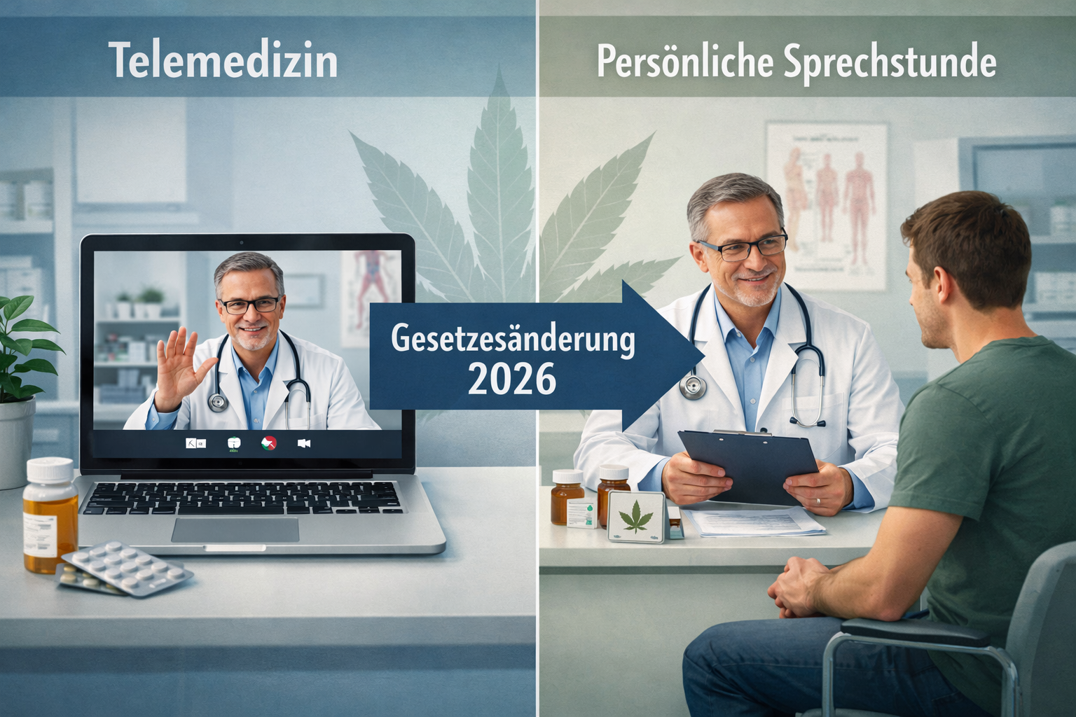 () infographic-style illustration showing a split-scene: on the left, a German doctor in a white coat conducting a video