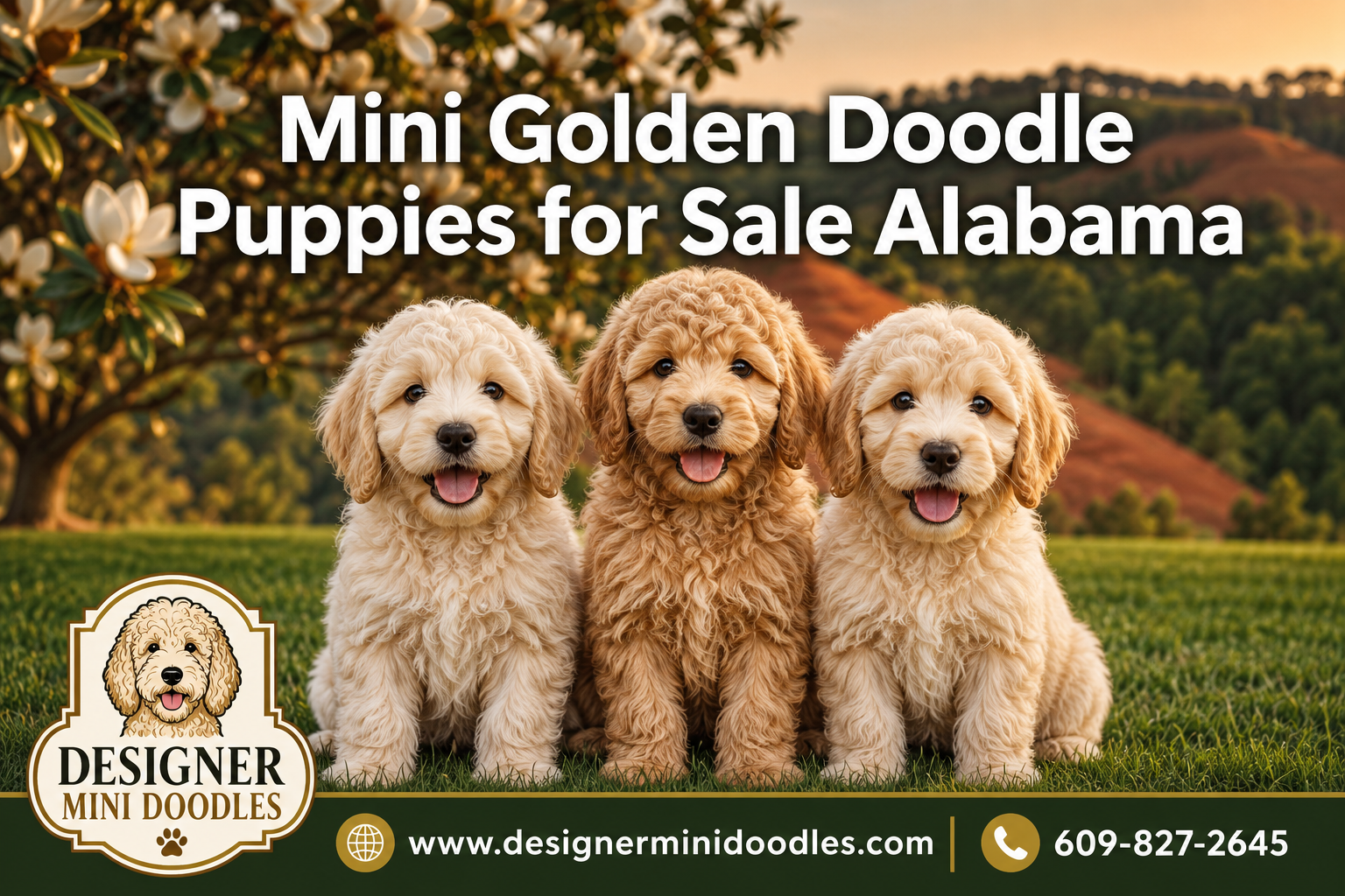 Professional () hero image with : 'Mini Golden Doodle Puppies for Sale Alabama' in extra large white with dark effect,