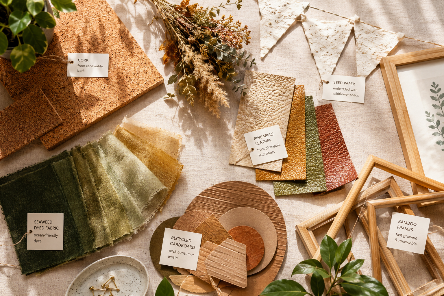 Wide () editorial illustration showing a flat-lay overhead view of eco-friendly party wall materials arranged artfully on a