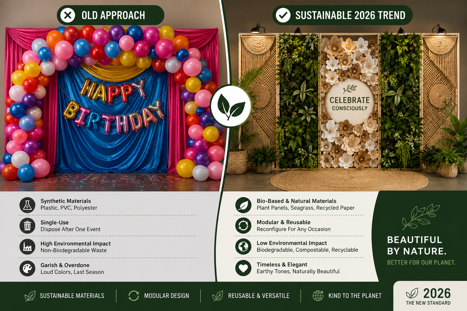 () split-scene comparison infographic showing LEFT side: traditional party wall with synthetic balloon arch, plastic foil