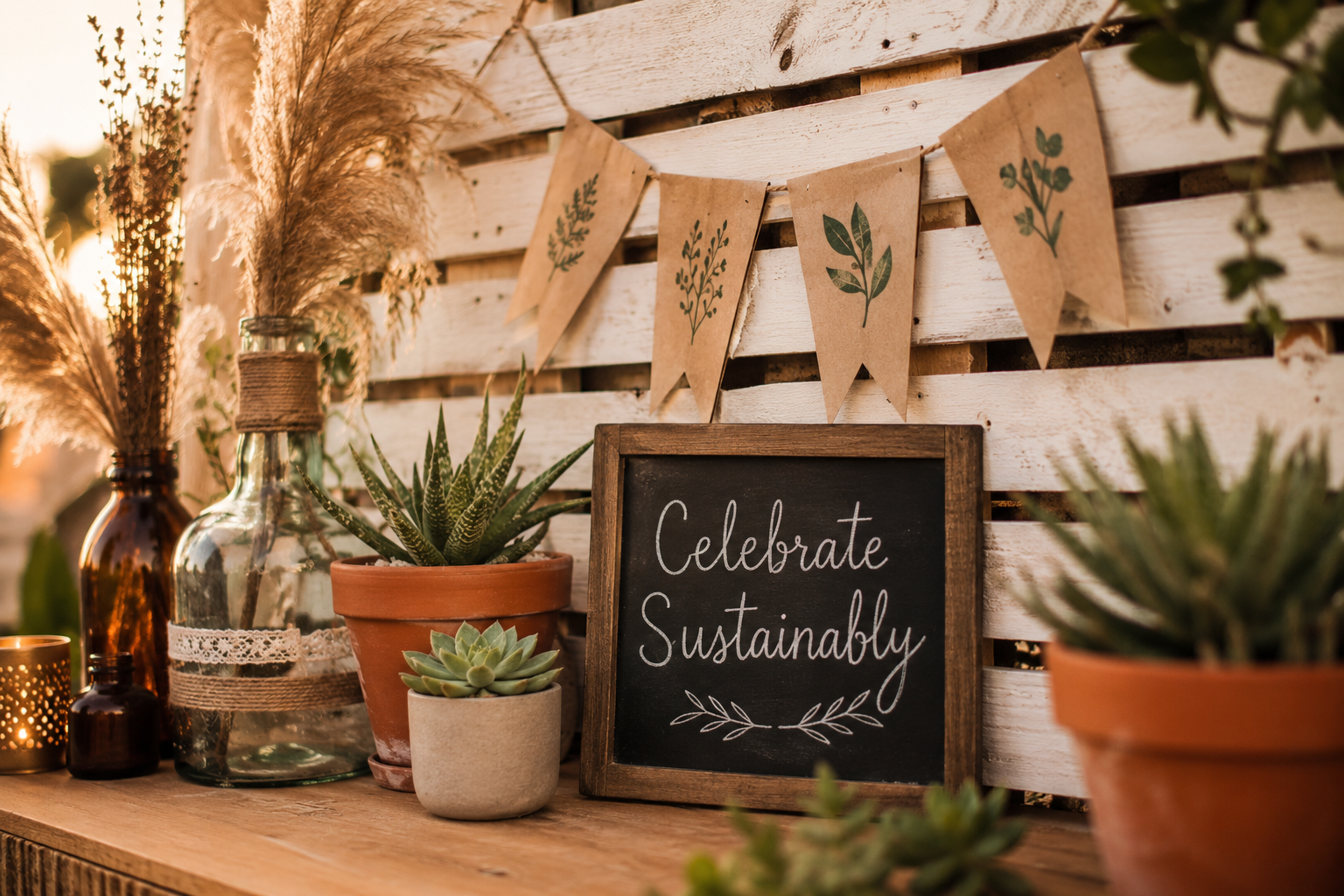 () close-up styled vignette of a budget-friendly DIY sustainable party wall corner: upcycled wooden pallet backdrop painted