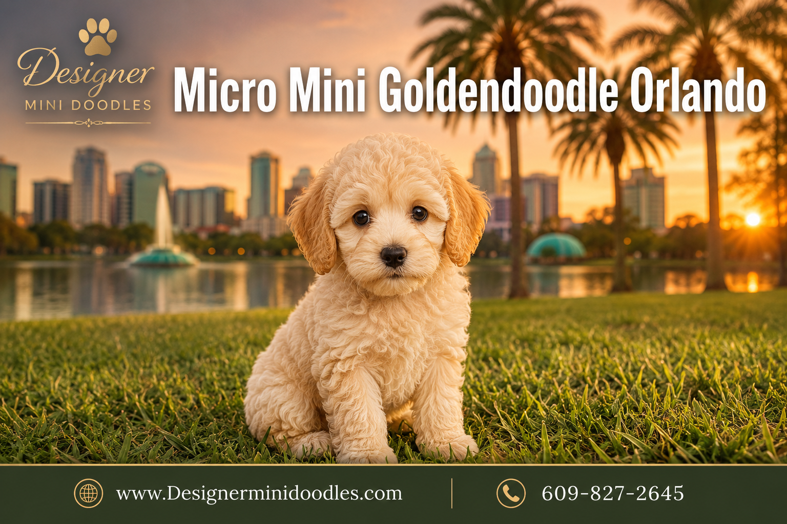Professional () hero image with 'Micro Mini Goldendoodle Orlando' in white modern with soft drop , centered upper third.