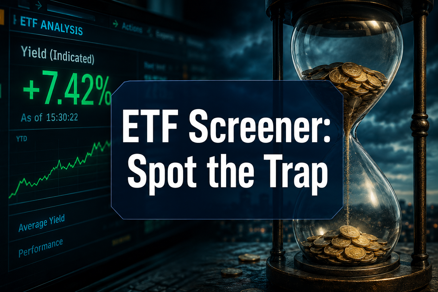Professional () hero image with 'ETF Screener: Spot the Trap' in crisp white on a deep navy semi-transparent panel, centered